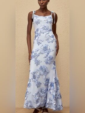 Light Blue Floral Appliqué Maxi Dress with Tie Shoulders